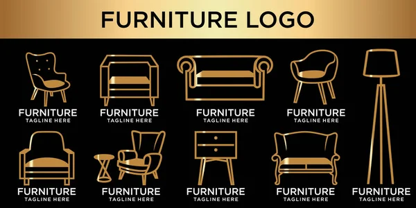 Elegante Möbel Ikone Set Logo Mit Goldener Couch — Stockvektor