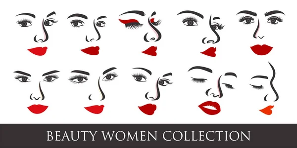 Schönheit Frauen Gesicht Ikone Set Logo Design — Stockvektor