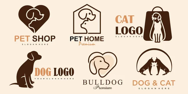 Sällskapsdjur Vård Ikon Set Logotyp Med Hund Och Katt Siluett — Stock vektor