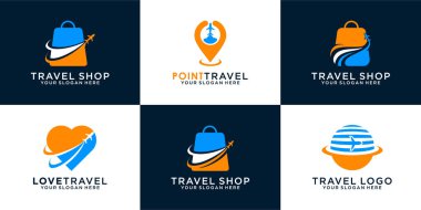 Seyahat dükkanı seti, harita, aşk seyahati. Logo tasarım şablonu seyahat, tatil ve iş dünyası simgeleri Premium Vector için kullanılabilir