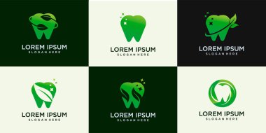 Yaratıcı diş kliniği logo vektörü seti. Soyut diş ve yaprak. Modern tasarım tarzına sahip sembol simgesi