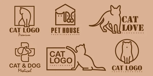 Conjunto Mascotas Perro Gato Plantilla Diseño Logotipo Lineal — Vector de stock