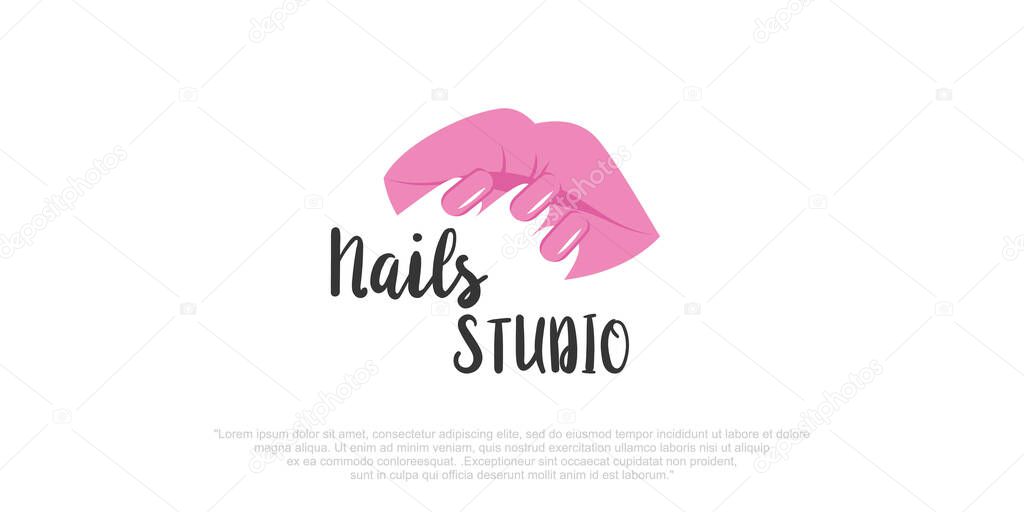 Nails art studio or nails polish with lips icon set logo design template