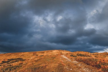 Dramatik sonbahar tepesi, bulutlu gökyüzü. Turuncu çim tepesindeki çayırlarda gezinti ve yağmurdan önce kara bulutlar. Muhteşem dağlık arazi. Göz kamaştırıcı doğal bir geçmiş. Seyahat, turizm, yürüyüş, yürüyüş.