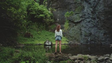 Turist kadın kaya üzerinde duran orman şelalesinin tadını çıkarıyor. Kız yaz tatilinde açık hava seyahatinde rahatlar. Resimli sahne panoramik çekim. Dramatik koyu tonlama, arka görünüm
