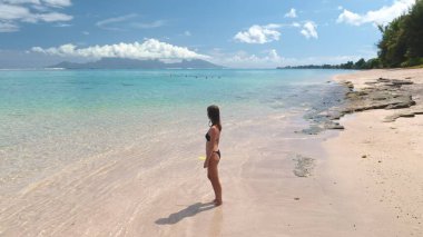 Kumsalda duran bikinili kız güzel egzotik doğa manzarasının tadını çıkarıyor. Şnorkel maskeli bir kadın aktif hayatın tadını çıkarıyor. Yaz tatilinde açık hava seyahati. Tahiti, Fransız Polinezyası