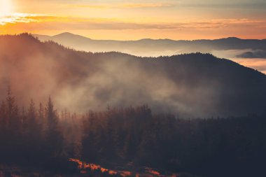 Sisli bir dağ sırasının üzerinde güzel bir gün doğumu. Güneş ışıl ışıl parlıyor, manzaraya sıcak bir parıltı saçıyor. Sis yavaşça dağılıyor, uzaktaki dağların zirvelerini ortaya çıkarıyor..