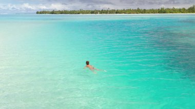 Woman is swimming in the turquoise water of a tropical island lagoon. The lagoon is surrounded by a lush green island with palm trees clipart