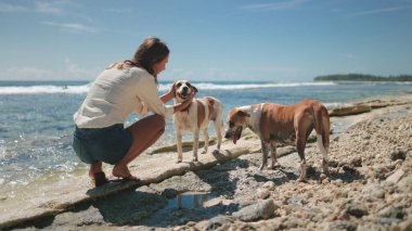 Bir kadın kumsalda diz çökmüş, etrafı üç köpekle çevrili. Köpeklerle etkileşime girmiş gibi görünüyor, muhtemelen onlarla oynaşıyor ya da oynaşıyor..