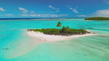 El değmemiş kumlu bir sahilde turkuaz su ve maldivlerdeki küçük bir adada palmiye ağaçlarıyla yürüyen bir kadının hava aracı görüntüsü.