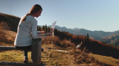 Yaratıcı kadın kırsal kesimde oturuyor, dizüstü bilgisayarla çalışıyor. Güzel kırsal manzaranın tadını çıkar. Freelancer sonbahar dağında günbatımını uzaktan takip eder. Seyahat, özgürlük, aktif yaşam tarzı, çevrimiçi dijital iş