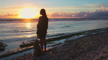 Kadın köpeğiyle sahilde duruyor, okyanusun üzerinde gün batımını seyrediyor. Gökyüzü güzel bir turuncu ve pembe renktir ve dalgalar kıyıya çarpar.