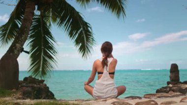 Genç bir kadın tropik bir plajda palmiye ağacının altında yoga yapıyor. O, huzurlu ve rahatlatıcı bir ortamda yaz tatilinin tadını çıkarıyor.
