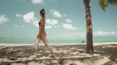 Kaygısız kadın, güneşli bir günde tropikal bir sahilde, sakin bir şekilde yürüyor ve palmiye yapraklarına dokunuyor, Tayland 'da rahat ve mutlu hissediyor.