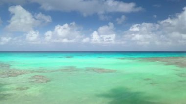 Genç kadın, Fransız Polinezyası, Rangiroa Adası 'ndaki gölün turkuaz sularına hayran olmak için bisiklete ara veriyor.