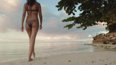 Bikini giyen bir kadın kumsalın kumlu sahilinde yürüyor ve dalgalar arka planda yavaşça kıyıya vuruyor. Günbatımı yumuşak ışık, arka görünüm