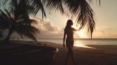 Gün batımında bir palmiye ağacının altında sahilde yürüyen bir turistin silüeti tropikal bir yerde lüks seyahatinin tadını çıkarıyor.