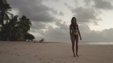 Bikinili bir kadın kumlu sahilde geziniyor, ılık güneşin ve hafif esintilerin tadını çıkarıyor..