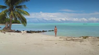 Genç bir kadın, köpeğiyle sahilde güneşli bir günün tadını çıkarıyor. Maupiti 'de, Fransız Polinezyası' nda. Turkuaz su ve beyaz kum manzaralı bir ortam oluşturuyor.