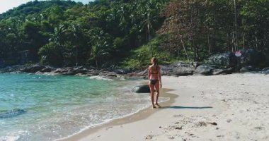 Yalnız bir figür, bereketli palmiye ağaçları ve sakin bir denizle çevrili, kumlu bir sahil boyunca yürüyor. Güneş, dingin manzaranın üzerine sıcak bir parıltı saçar ve rahatlamaya davetiye çıkarır..