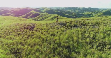 Endonezya 'nın Sumba Adası' nın yemyeşil tepelerinde günbatımında yürürken yolculuğundan zevk alan genç bir kadını gösteren hava manzarası.