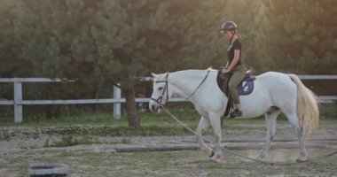 Ata binme eğitimi, otlakta beyaz ata binen genç jokey gün batımında, binicilik sporu, aktif yaşam tarzı, hayvanlara sevgi ve ilgi.