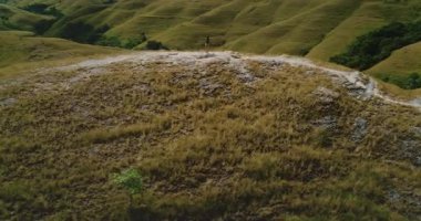 Endonezya 'daki Sumba Adası' nın nefes kesici manzarasına hayran olan bir turistin bulunduğu yuvarlak yeşil tepelerin ve vadilerin havadan görünüşü.