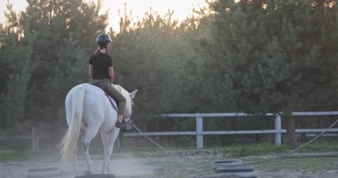 Gün batımında ata binen bir atlı, doğanın güzelliği ve akşam ışığının rahatlatıcı atmosferiyle çevrili otlakta huzurlu bir gezintinin tadını çıkarıyor.