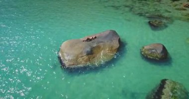 Bir insan berrak turkuaz suyun ortasında büyük bir kayanın üzerinde uzanıyor. Güneş parlıyor, sahnenin canlı renklerini vurguluyor ve sakin bir atmosfer yaratıyor..