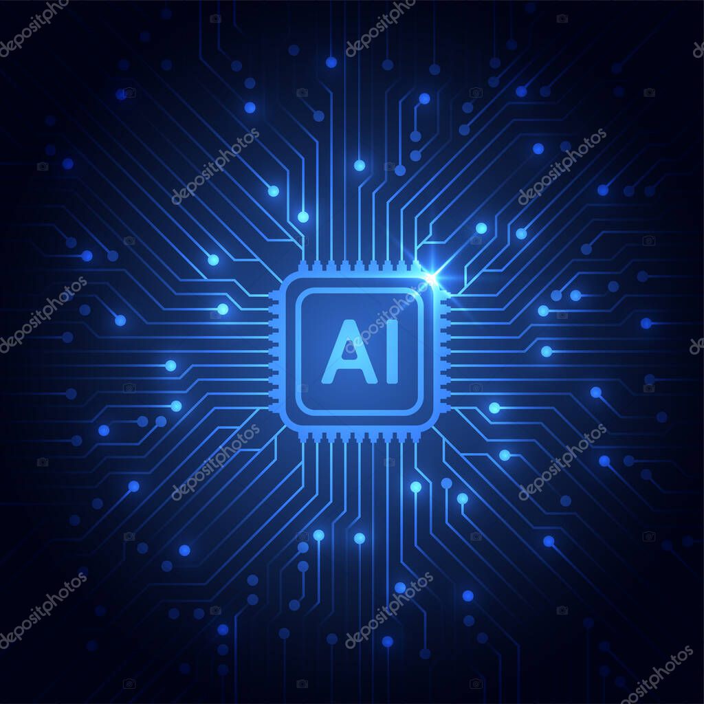 Artificial intelligence chipset on circuit board in futuristic concept technology artwork for web, banner, card, cover. Vector illustration