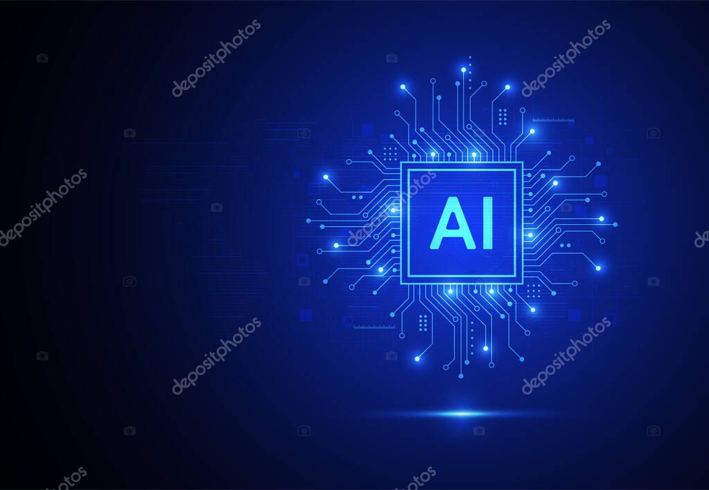 Artificial intelligence chipset on circuit board in futuristic concept technology artwork for web, banner, card, cover. Vector illustration
