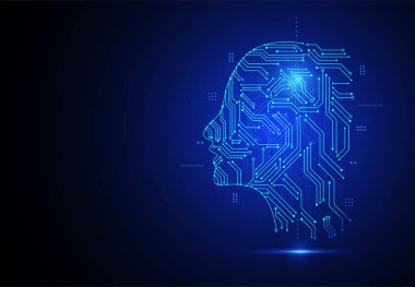 Yapay zeka geometrik devre kartlı insan kafası. İnternet, afiş, kart ve kapak için teknoloji ve mühendislik geçmişi. Vektör illüstrasyonu