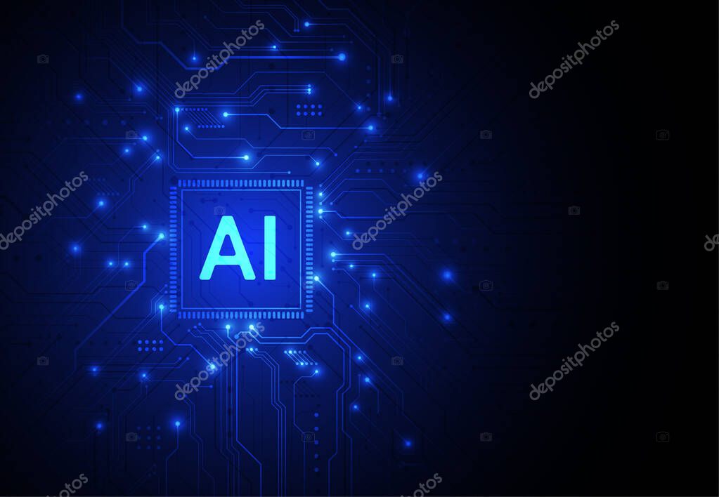 Artificial intelligence chipset on circuit board in futuristic concept technology artwork for web, banner, card, cover. Vector illustration