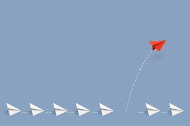 Business concept. Red paper airplane flying changing direction on blue sky of business teamwork and one different vision. Leader, New idea, boss, manager, winner concept, trend. Vector illustration