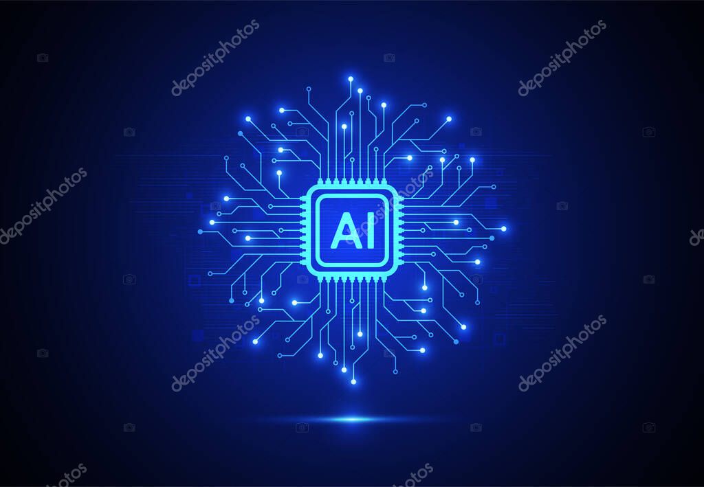 Artificial intelligence chipset on circuit board in futuristic concept technology artwork for web, banner, card, cover. Vector illustration