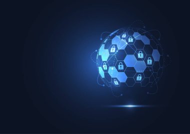 Birinci sınıf güvenlik siber dijital konsepti. Soyut teknoloji arka planı iş için sistem yeniliklerini koruyor. Vektör illüstrasyonu