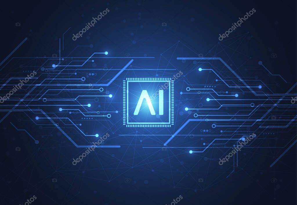 Artificial intelligence chipset on circuit board in futuristic concept technology artwork for web, banner, card, cover. Vector illustration