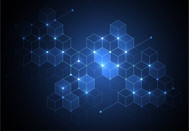 Soyut altıgen moleküler tasarım. Teknoloji arka planı ve bilim tarzında blok zinciri yapıları. Tıbbi tasarım. Vektör illüstrasyonu