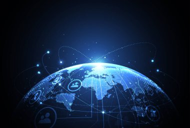 Genel ağ bağlantısı. Küresel iş dünyasının dünya haritası ve kompozisyon kavramı. Vektör İllüstrasyonu