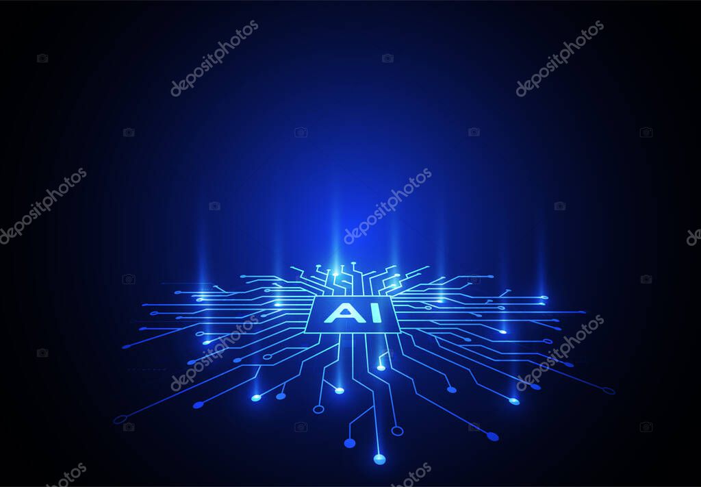 Artificial intelligence chipset on circuit board in futuristic concept technology artwork for web, banner, card, cover. Vector illustration