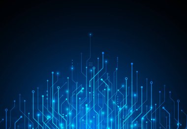 Teknoloji devre kartı dokusuyla soyut bir arkaplan. Yapay zeka elektronik levhası. İletişim ve mühendislik konsepti. Vektör illüstrasyonu
