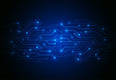 Teknoloji devre kartı dokusuyla soyut bir arkaplan. Yapay zeka elektronik levhası. İletişim ve mühendislik konsepti. Vektör illüstrasyonu