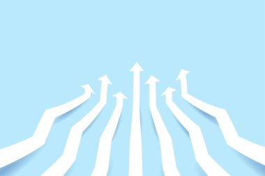 İş için mavi zemin üzerinde gelişen yaratıcı kavrama kadar en az beyaz ok. Vektör illüstrasyonu