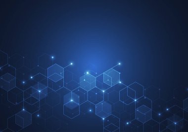 Ağ bağlantısı kavramı ile ağ noktaları ve çizgi yenilikleri için soyut teknoloji mavi altıgenler desenli arka plan. Vektör illüstrasyonu