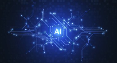 Artificial intelligence chipset on circuit board in futuristic concept technology artwork for web, banner, card, cover. Vector illustration