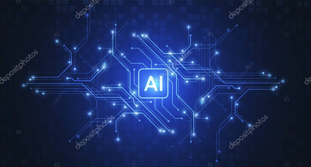 Artificial intelligence chipset on circuit board in futuristic concept technology artwork for web, banner, card, cover. Vector illustration