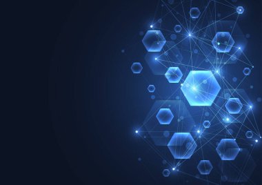 Ağ bağlantısı kavramının ağ noktaları ve çizgi yenilikleri için soyut iletişim teknolojisi mavi altıgenler. Vektör illüstrasyonu