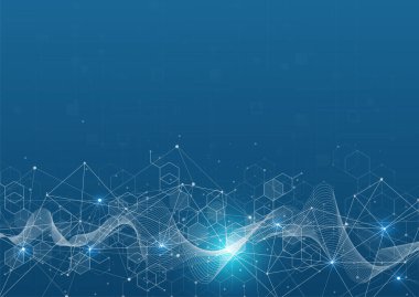 Soyut ağ teknolojisi iletişimi mavi altıgen arka plan. Ağ noktaları ve çizgi yenilikleri ile bağlantı konsepti. Vektör illüstrasyonu