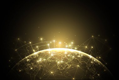 Altın arka planda soyut küresel ağ bağlantısı. Küresel iş dünyasının dünya haritası ve çizgi kompozisyon kavramı