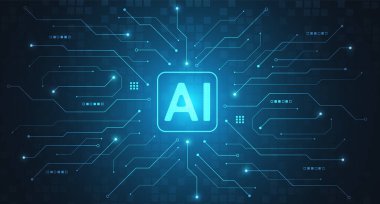 Ağ, pankart, kapak için dijital konsept teknolojisinde devre kartında soyut gelecek yapay zeka çipleri. Vektör illüstrasyonu